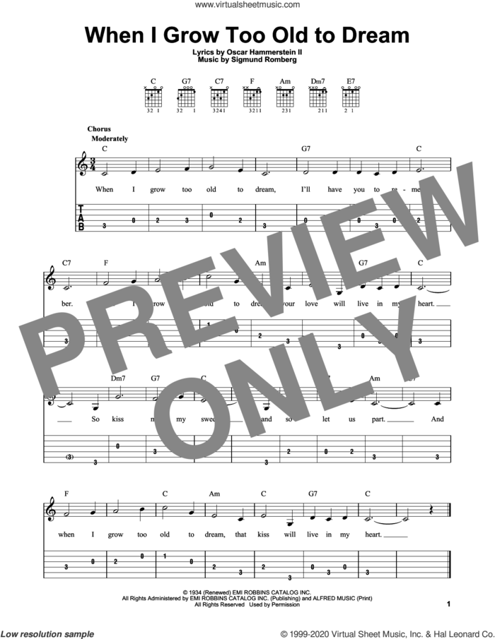 When I Grow Too Old To Dream sheet music for guitar solo (easy tablature) by Oscar II Hammerstein and Sigmund Romberg, easy guitar (easy tablature)
