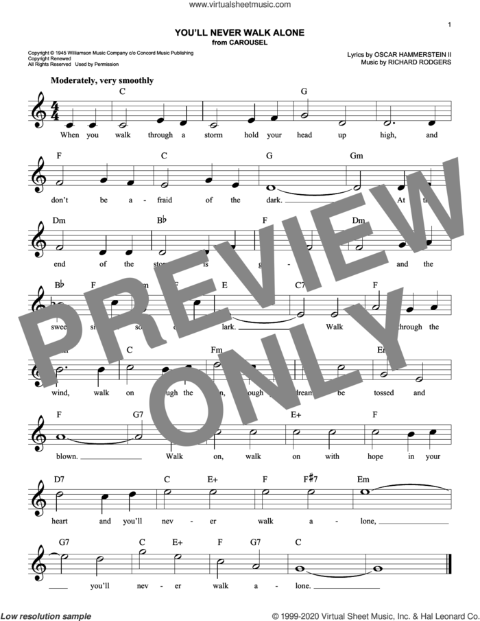 You'll Never Walk Alone (from Carousel) sheet music for voice and other instruments (fake book) by Richard Rodgers, Oscar II Hammerstein and Rodgers & Hammerstein, easy skill level