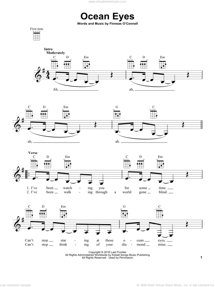 ocean eyes sheet music for ukulele by Billie Eilish, intermediate skill level