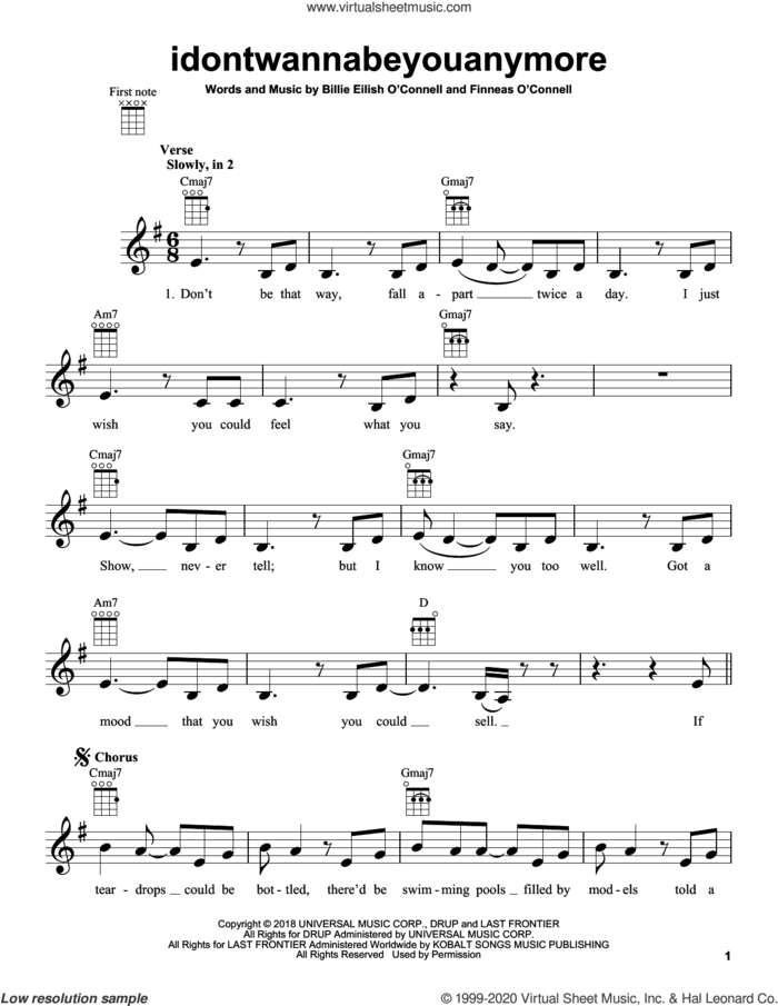 idontwannabeyouanymore sheet music for ukulele by Billie Eilish, intermediate skill level