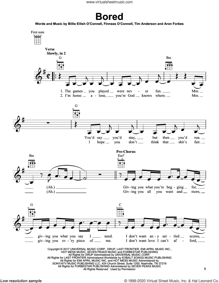 Bored (from 13 Reasons Why) sheet music for ukulele by Billie Eilish, Aron Forbes and Tim Anderson, intermediate skill level