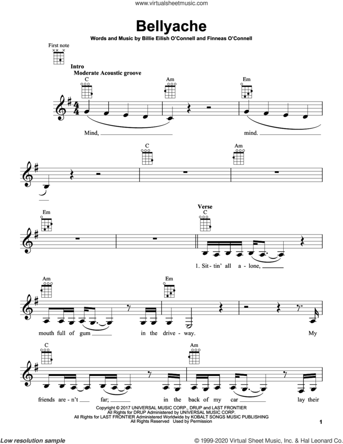bellyache sheet music for ukulele by Billie Eilish, intermediate skill level