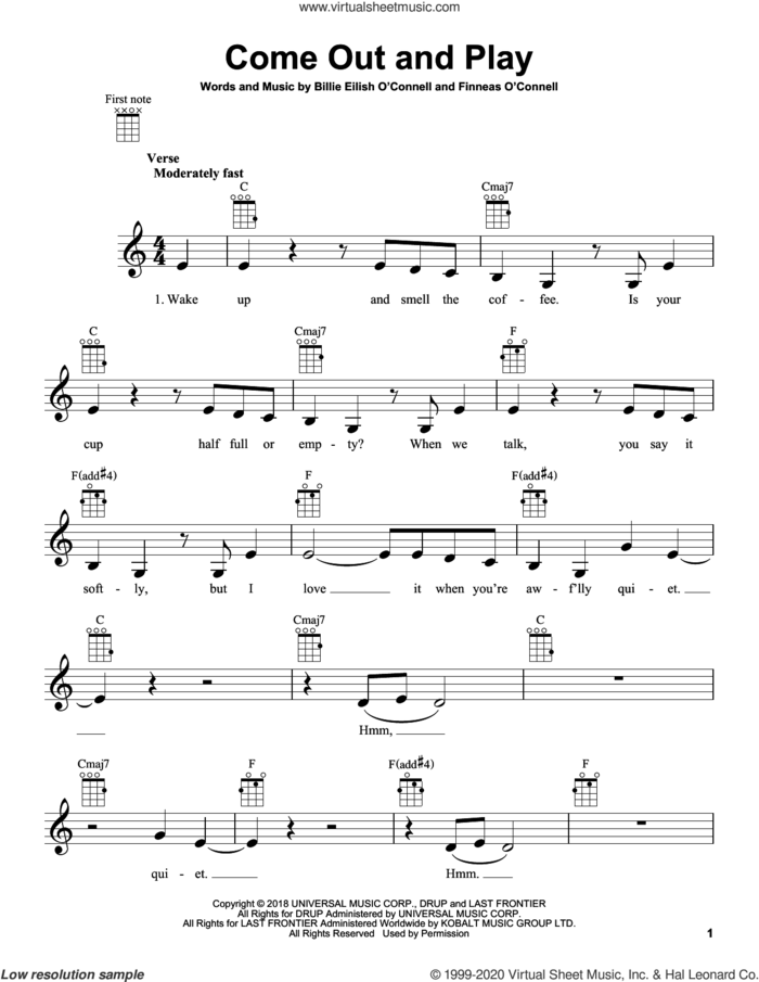 come out and play sheet music for ukulele by Billie Eilish, intermediate skill level