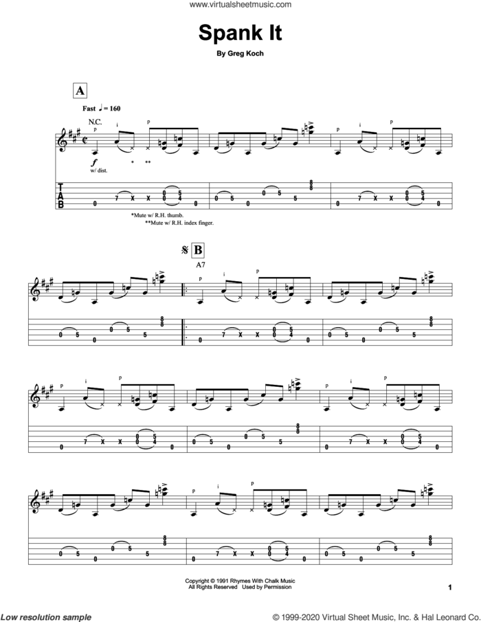 Spank It sheet music for guitar (tablature, play-along) by Greg Koch, intermediate skill level