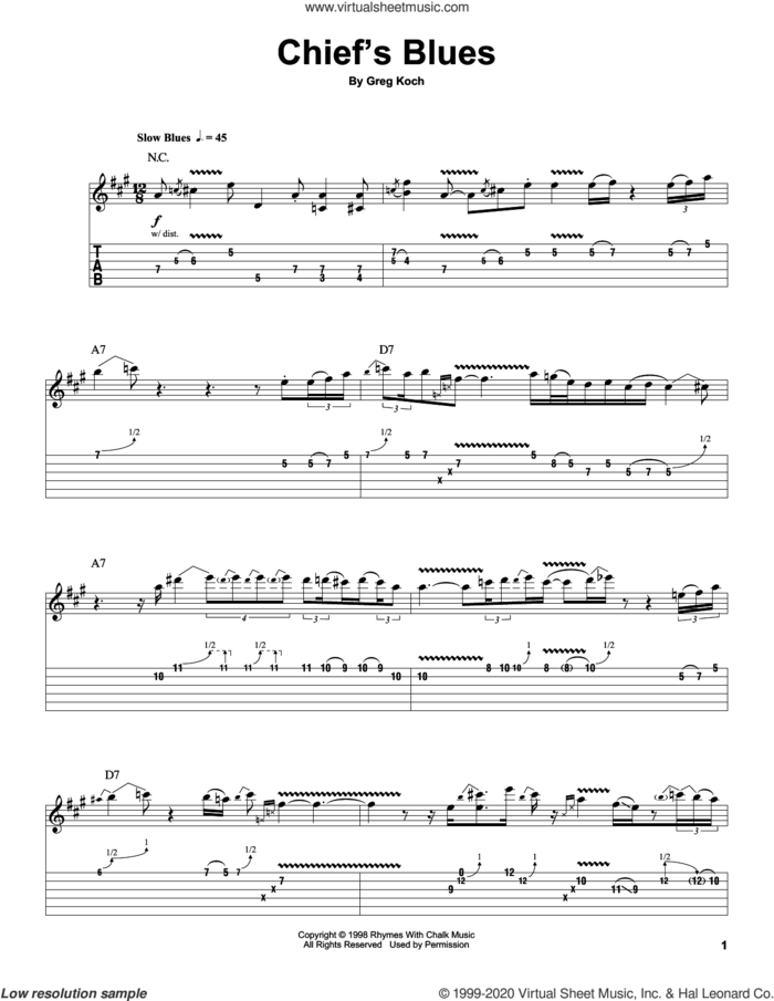 Chief's Blues sheet music for guitar (tablature, play-along) by Greg Koch, intermediate skill level