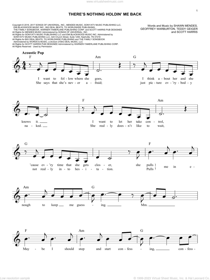 There's Nothing Holdin' Me Back sheet music for voice and other instruments (fake book) by Shawn Mendes, Geoffrey Warburton, Scott Harris and Teddy Geiger, easy skill level