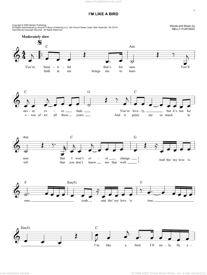 I'm Like A Bird sheet music for voice and other instruments (fake book) by Nelly Furtado, easy skill level