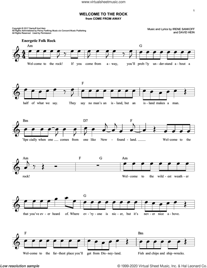 Welcome To The Rock (from Come From Away) sheet music for voice and other instruments (fake book) by Irene Sankoff, David Hein and Irene Sankoff & David Hein, intermediate skill level