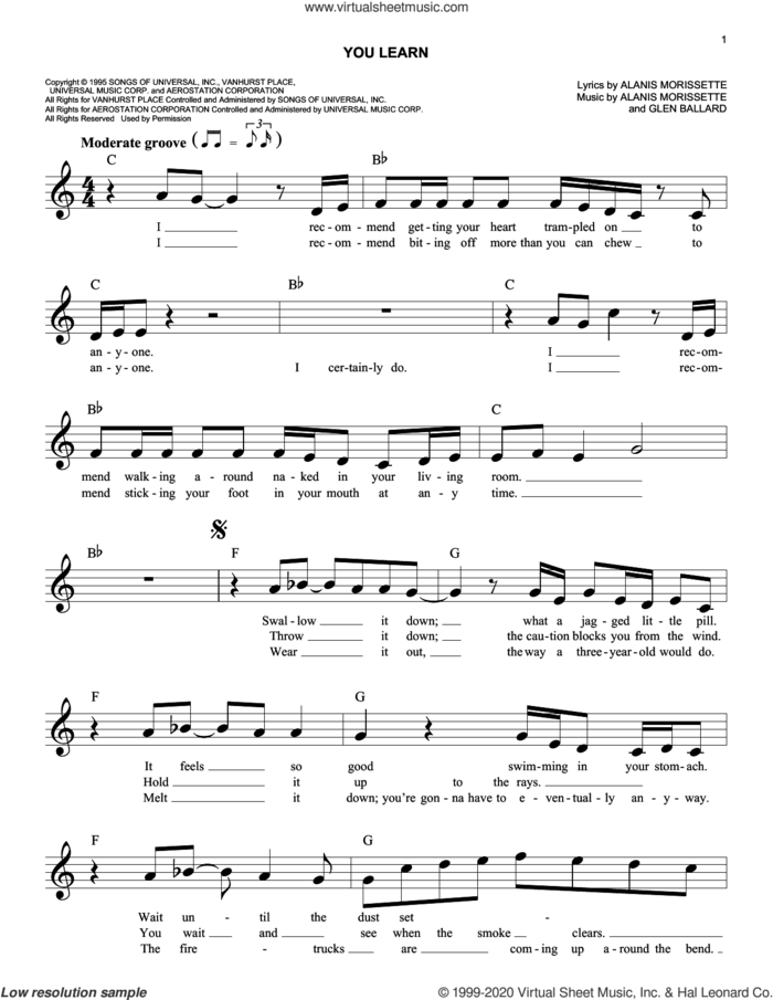 You Learn sheet music for voice and other instruments (fake book) by Alanis Morissette and Glen Ballard, easy skill level