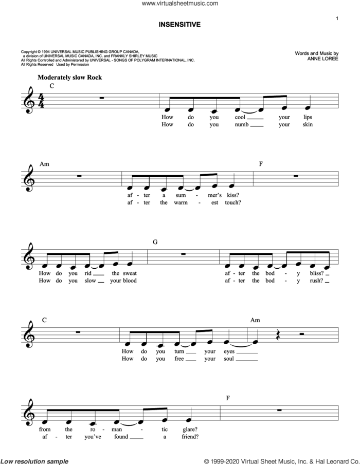Insensitive sheet music for voice and other instruments (fake book) by Jann Arden and Anne Loree, easy skill level