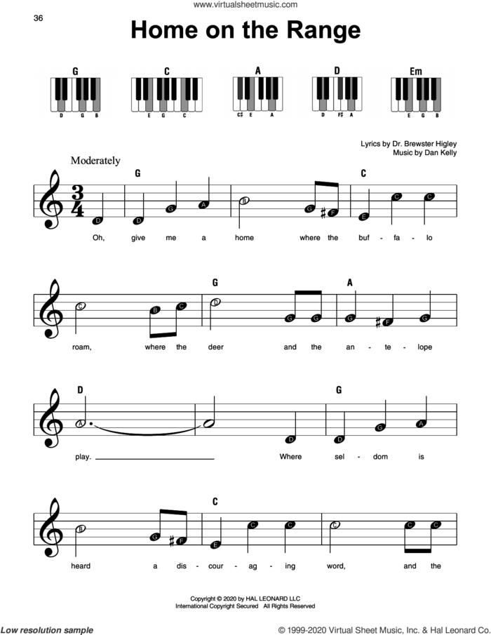 Home On The Range sheet music for piano solo by Dan Kelly and Dr. Brewster Higley, beginner skill level