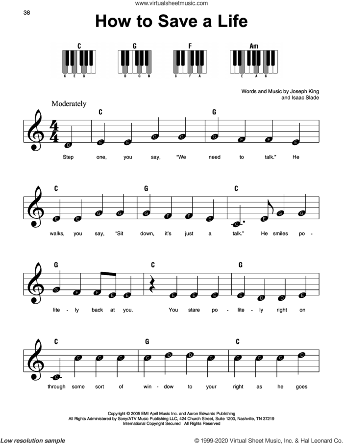 How To Save A Life sheet music for piano solo by The Fray, Isaac Slade and Joseph King, beginner skill level