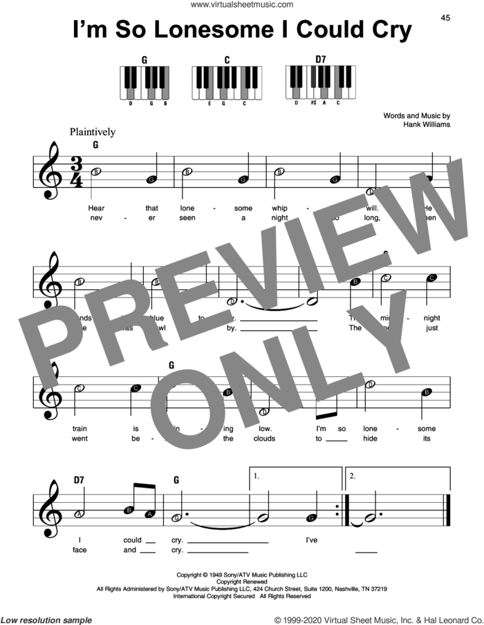 I'm So Lonesome I Could Cry sheet music for piano solo by Hank Williams, beginner skill level