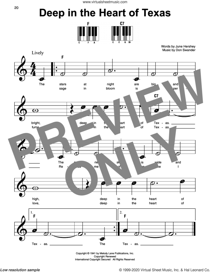 Deep In The Heart Of Texas sheet music for piano solo by Alvino Rey & His Orchestra, Don Swander and June Hershey, beginner skill level