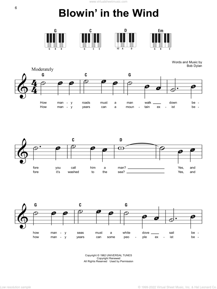 Blowin' In The Wind sheet music for piano solo by Bob Dylan, beginner skill level