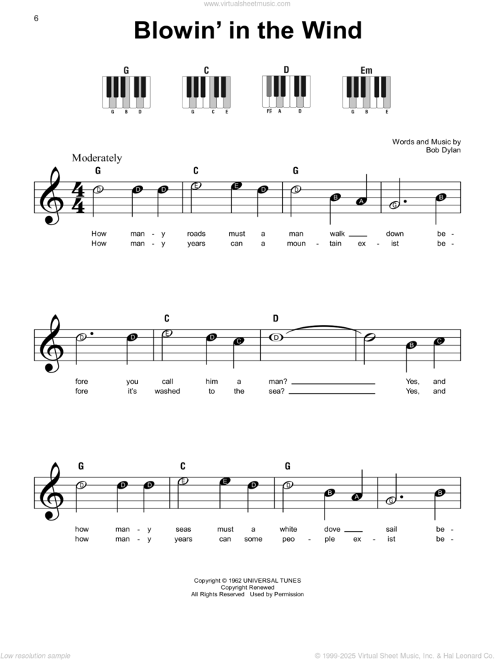 Blowin' In The Wind sheet music for piano solo by Bob Dylan, beginner skill level