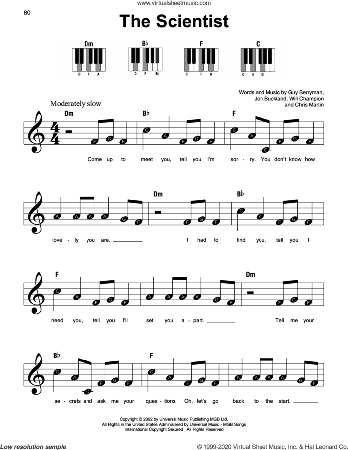 The Scientist, (beginner) sheet music for piano solo by Coldplay, Chris Martin, Guy Berryman, Jon Buckland and Will Champion, beginner skill level