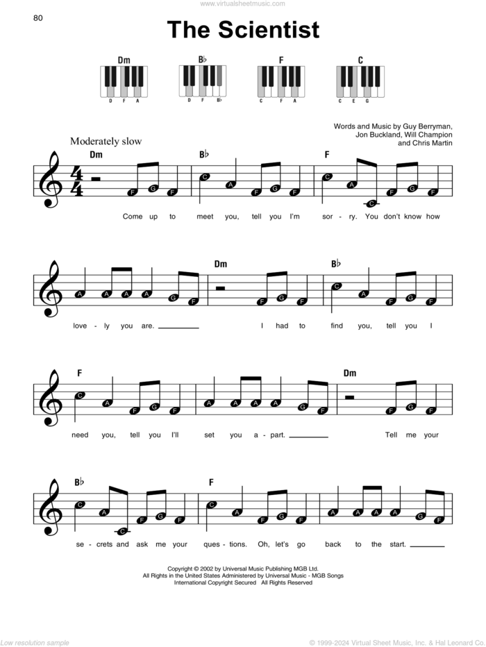 The Scientist, (beginner) sheet music for piano solo by Coldplay, Chris Martin, Guy Berryman, Jon Buckland and Will Champion, beginner skill level