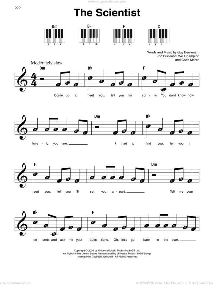 The Scientist sheet music for piano solo by Coldplay, Chris Martin, Guy Berryman, Jon Buckland and Will Champion, beginner skill level