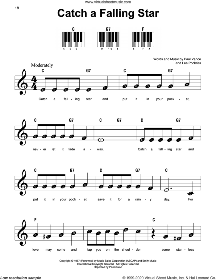 Catch A Falling Star sheet music for piano solo by Perry Como, Lee Pockriss and Paul Vance, beginner skill level
