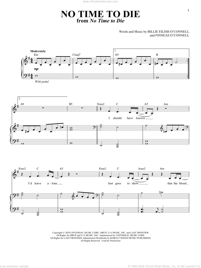 No Time To Die sheet music for voice and piano by Billie Eilish, intermediate skill level