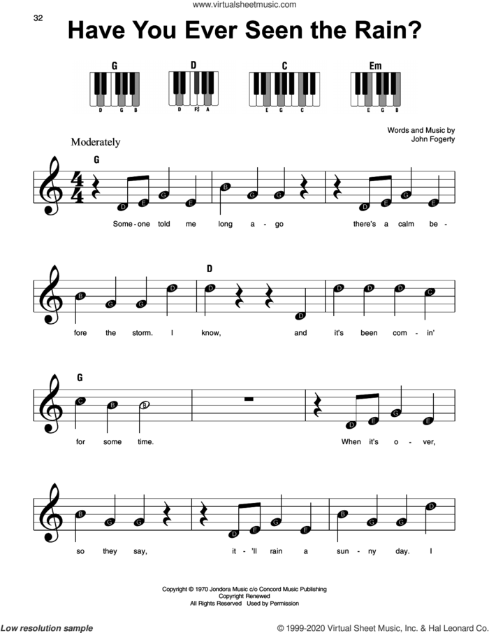 Have You Ever Seen The Rain?, (beginner) sheet music for piano solo by Creedence Clearwater Revival and John Fogerty, beginner skill level