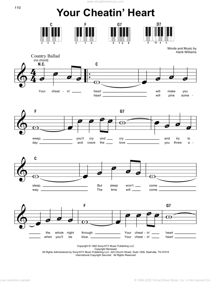 Your Cheatin' Heart sheet music for piano solo by Hank Williams, beginner skill level