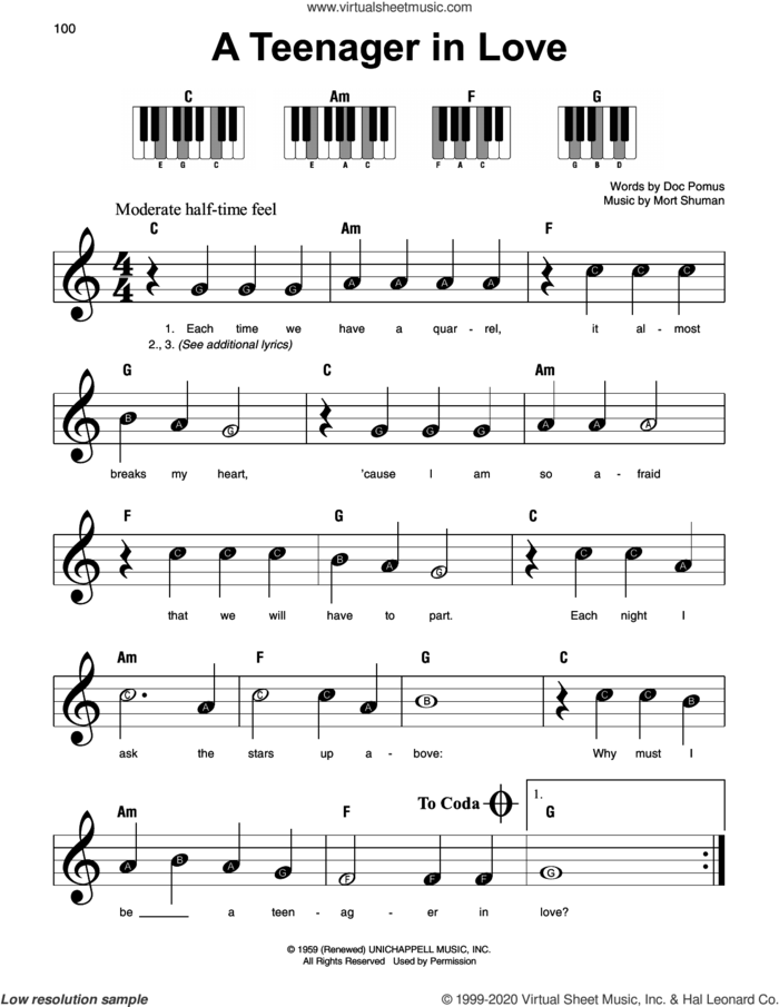 A Teenager In Love sheet music for piano solo by Dion & The Belmonts, Doc Pomus and Mort Shuman, beginner skill level
