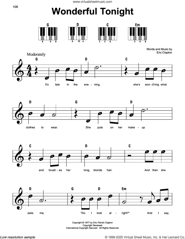 Wonderful Tonight sheet music for piano solo by Eric Clapton, wedding score, beginner skill level