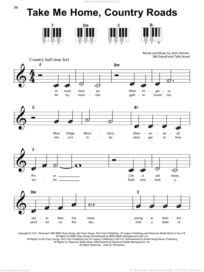 Take Me Home, Country Roads sheet music for piano solo by John Denver, Bill Danoff and Taffy Nivert, beginner skill level