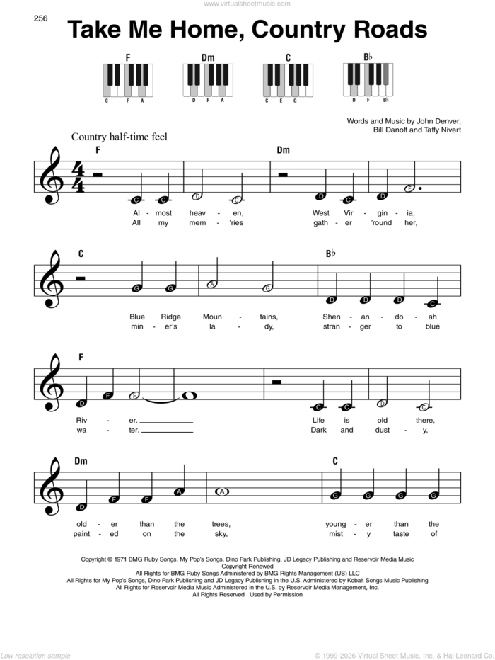 Take Me Home, Country Roads sheet music for piano solo by John Denver, Bill Danoff and Taffy Nivert, beginner skill level