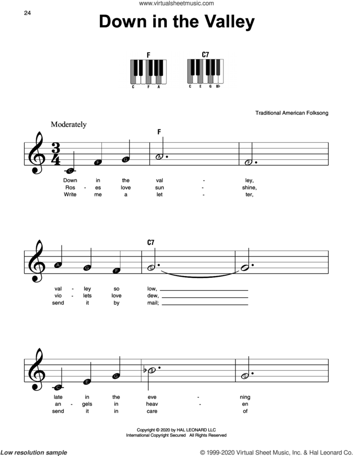 Down In The Valley sheet music for piano solo, beginner skill level
