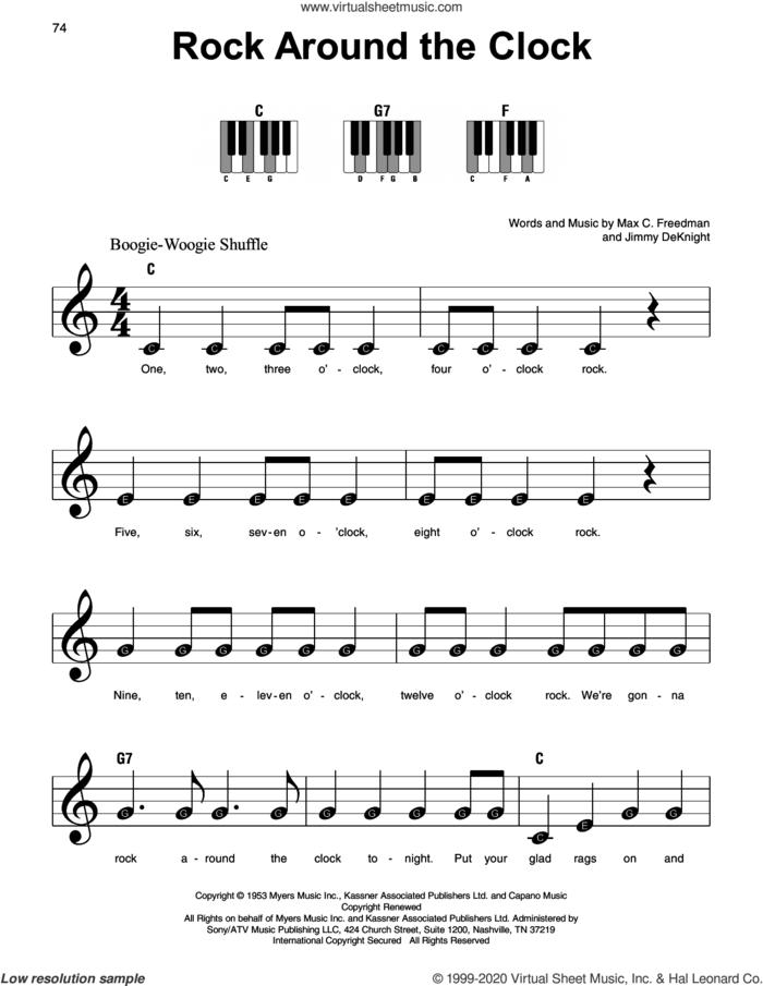Rock Around The Clock sheet music for piano solo by Bill Haley & His Comets, Jimmy DeKnight and Max C. Freedman, beginner skill level