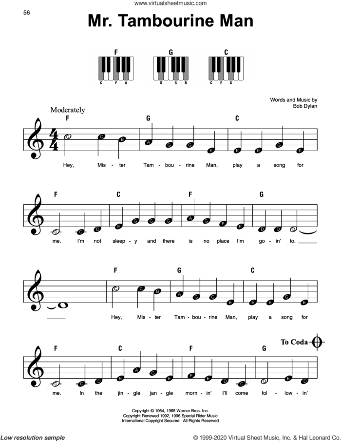 Mr. Tambourine Man sheet music for piano solo by Bob Dylan, beginner skill level
