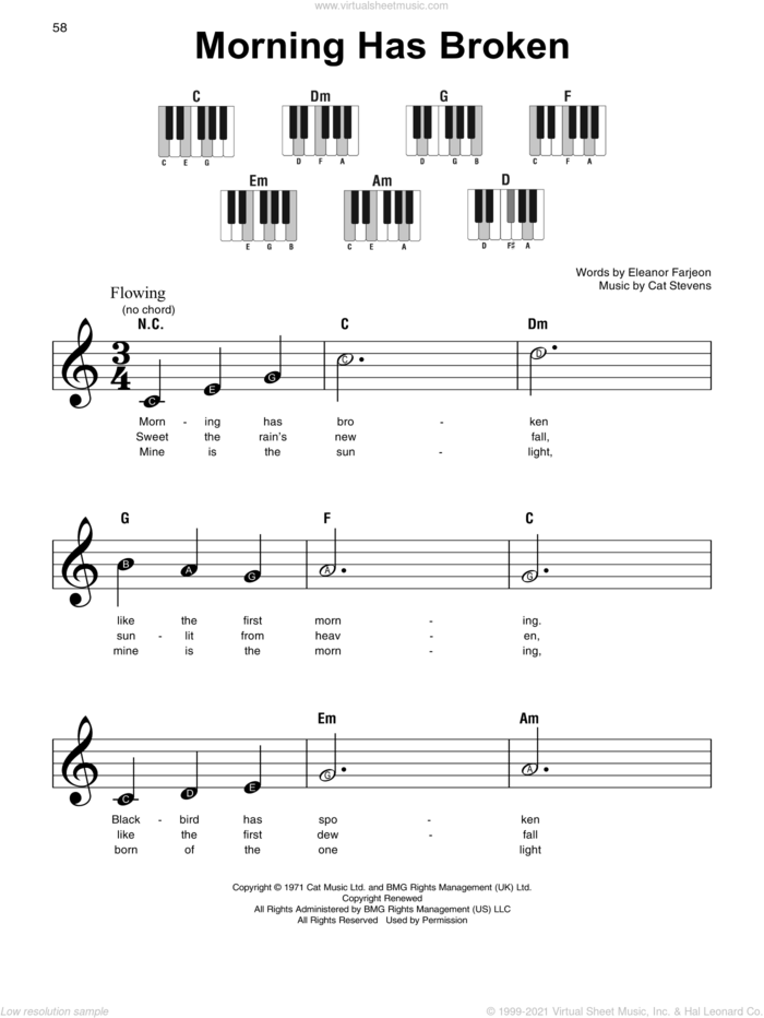 Morning Has Broken, (beginner) sheet music for piano solo by Cat Stevens and Eleanor Farjeon, beginner skill level