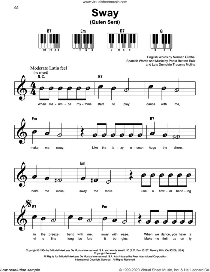 Sway (Quien Sera), (beginner) sheet music for piano solo by Dean Martin, Luis Demetrio Traconis Molina, Norman Gimbel and Pablo Beltran Ruiz, beginner skill level