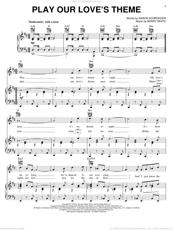 Play Our Love's Theme sheet music for voice, piano or guitar by Barry White and Aaron Schroeder, intermediate skill level