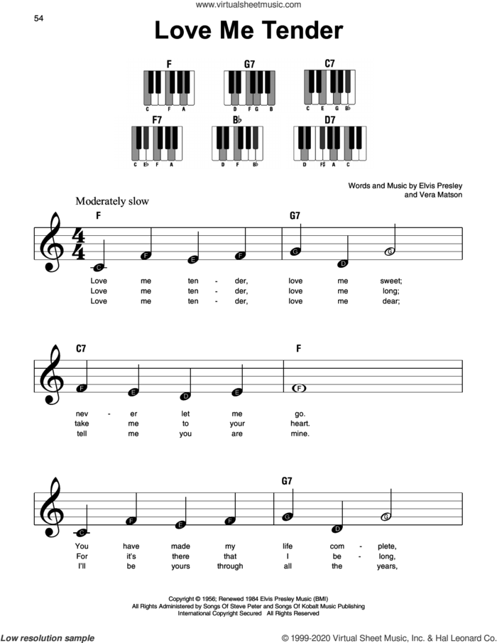 Love Me Tender sheet music for piano solo by Elvis Presley and Vera Matson, wedding score, beginner skill level