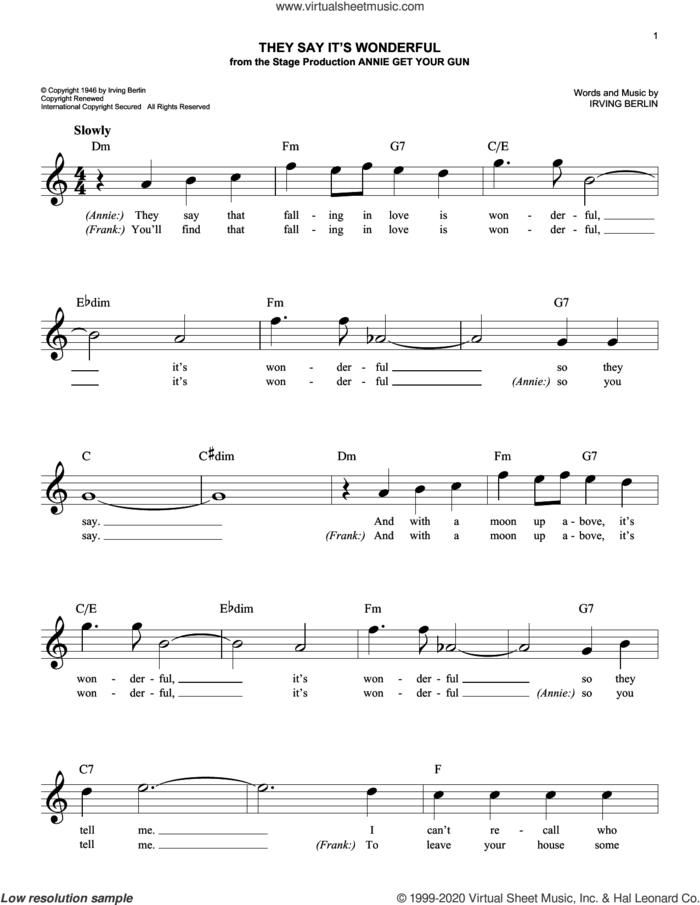 They Say It's Wonderful (from Annie Get Your Gun) sheet music for voice and other instruments (fake book) by Irving Berlin, easy skill level