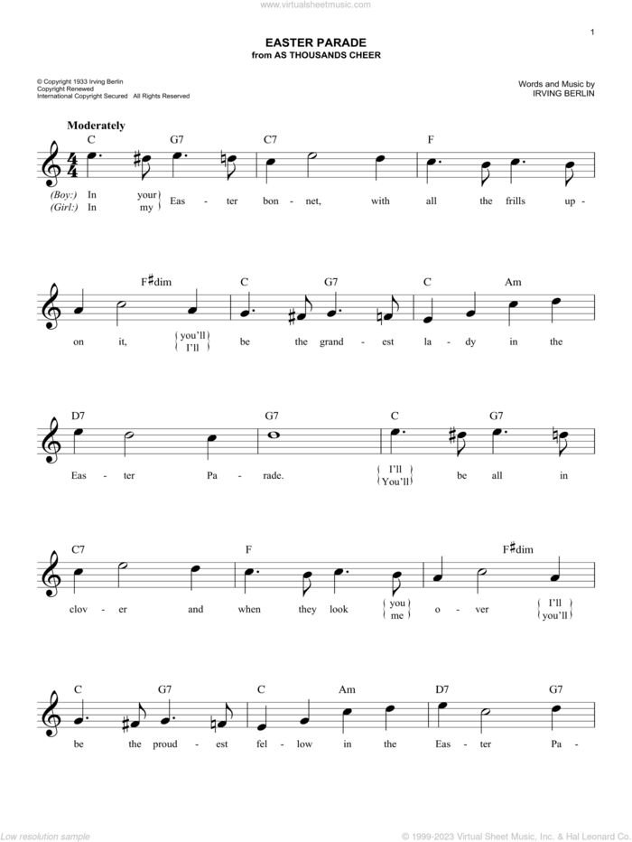Easter Parade sheet music for voice and other instruments (fake book) by Irving Berlin, easy skill level