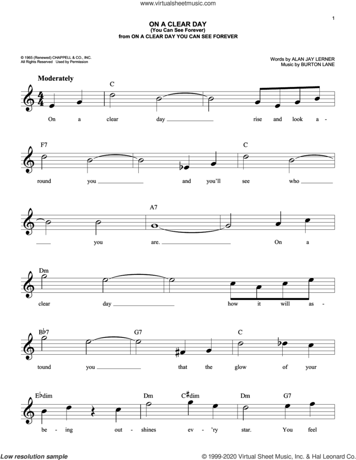 On A Clear Day (You Can See Forever) sheet music for voice and other instruments (fake book) by Alan Jay Lerner & Burton Lane, Alan Jay Lerner and Burton Lane, intermediate skill level