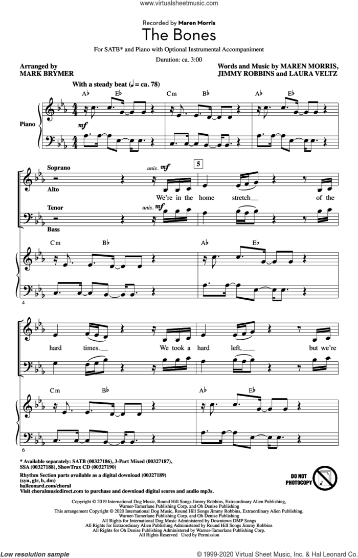 The Bones (arr. Mark Brymer) sheet music for choir (SATB: soprano, alto, tenor, bass) by Maren Morris, Mark Brymer, Jimmy Robbins and Laura Veltz, intermediate skill level