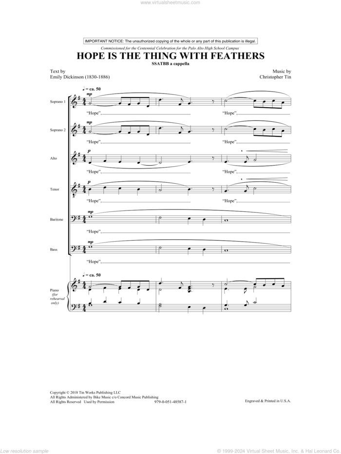 Hope Is The Thing With Feathers sheet music for choir (SATB: soprano, alto, tenor, bass) by Christopher Tin, Emily Dickinson and Emily Dickinson and Christopher Tin, intermediate skill level