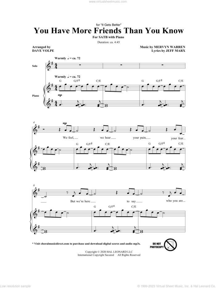 You Have More Friends Than You Know (arr. Dave Volpe) sheet music for choir (SATB: soprano, alto, tenor, bass) by Mervyn Warren, Dave Volpe, Jeff Marx and Jeff Marx and Mervyn Warren, intermediate skill level