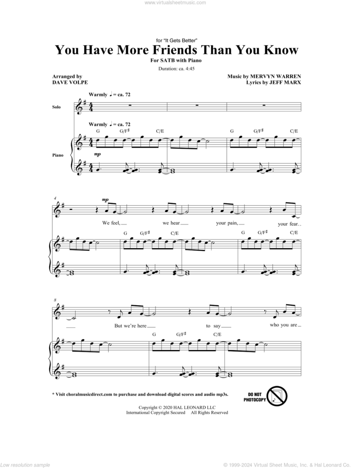 You Have More Friends Than You Know (arr. Dave Volpe) sheet music for choir (SATB: soprano, alto, tenor, bass) by Mervyn Warren, Dave Volpe, Jeff Marx and Jeff Marx and Mervyn Warren, intermediate skill level