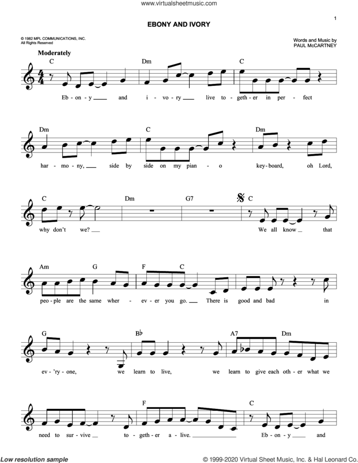 Ebony And Ivory sheet music for voice and other instruments (fake book) by Paul McCartney, easy skill level