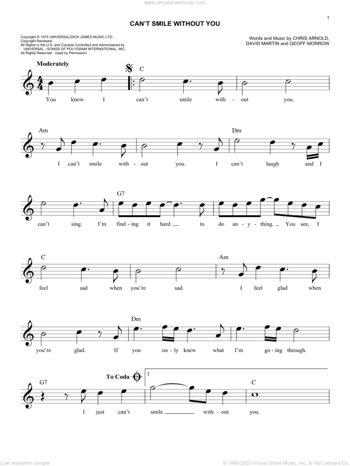 Can't Smile Without You sheet music for voice and other instruments (fake book) by Barry Manilow, Chris Arnold, David Martin and Geoff Morrow, intermediate skill level