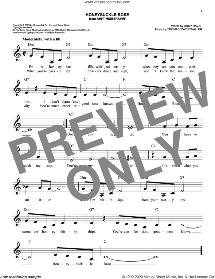 Honeysuckle Rose sheet music for voice and other instruments (fake book) by Andy Razaf and Thomas Waller and Thomas Waller, easy skill level