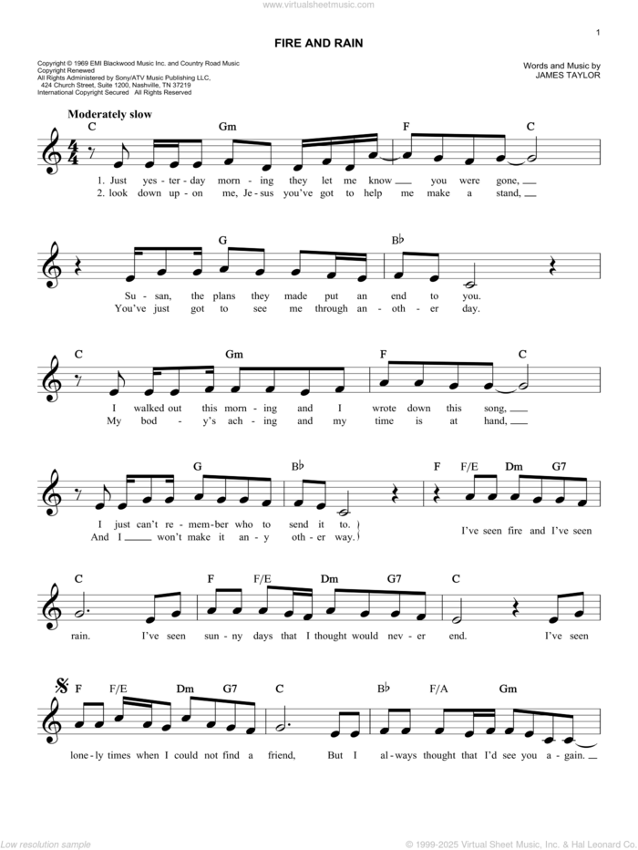 Fire And Rain sheet music for voice and other instruments (fake book) by James Taylor, easy skill level