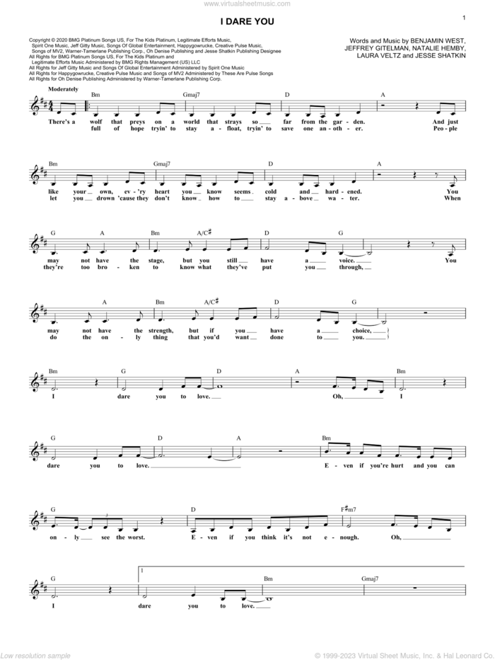 I Dare You sheet music for voice and other instruments (fake book) by Kelly Clarkson, Benjamin West, Jeffrey Gitelman, Jesse Shatkin, Laura Veltz and Natalie Hemby, intermediate skill level